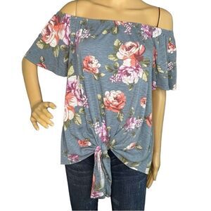 White Birch Floral On or Off Shoulder Tie Front Blouse Blue White Pink Green Med